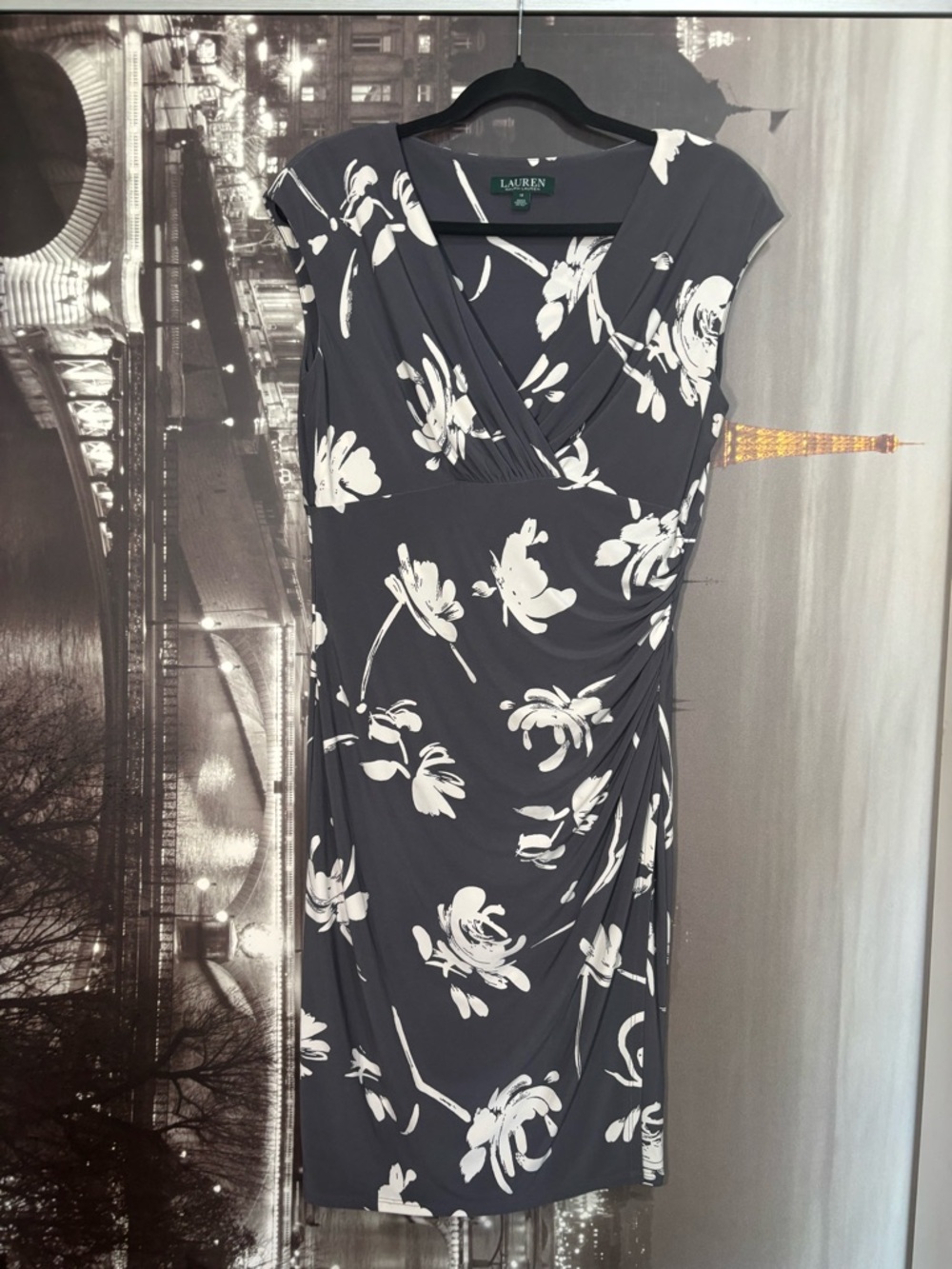 Lauren Ralph Lauren Black & White Floral Faux-Wrap Midi Dress